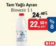 BİNVEZİR TAM YAĞLI AYRAN 1 L